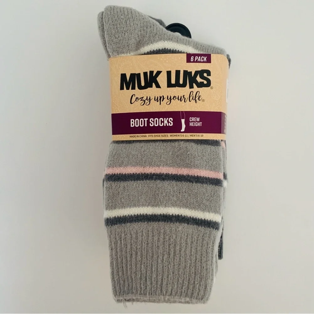 Muk Luks Crew Boot Socks Pink/Gray 6-Pack Fits Women’s Shoe Sizes 6-11 NWT